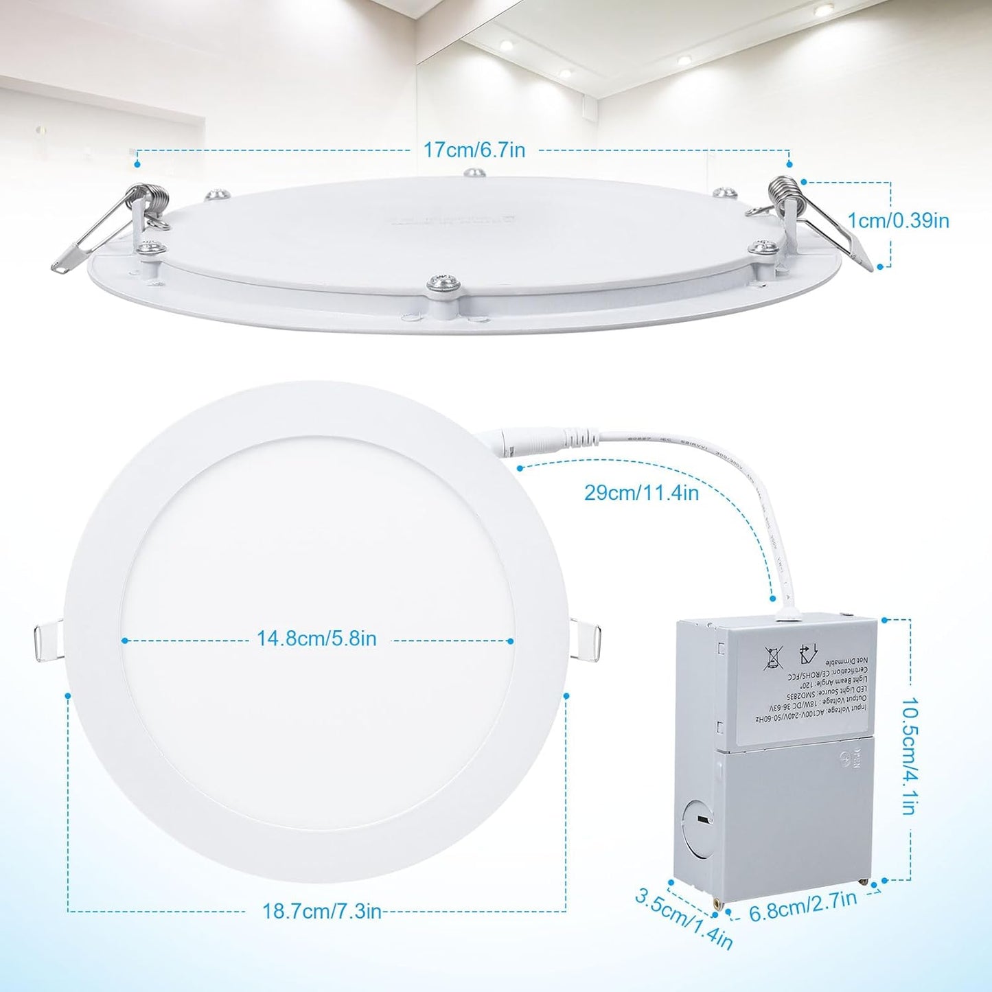 ESBAYBULBS 7" Ultra-Thin LED Recessed Ceiling Light with Junction Box, 6000K Cool White 18W LED Panel Can Light 1500LM High Brightness Easy Installation (6 Pack)