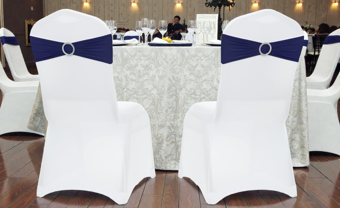 MDS Premium Spandex Chair Sashes - Stretchy Bow Covers with Buckle Slider | Universal Fit for Weddings & Events - Navy Blue