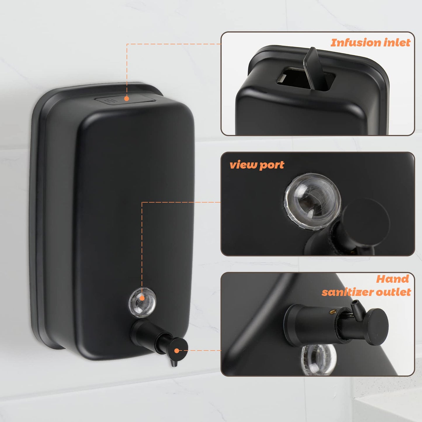 WEWBABY Soap Dispenser Wall Mount, 1000ml/33.8 fl.oz Bathroom Wall Mounted Soap Dispenser Black Metal Wall Soap Dispenser for Kitchen Restaurant