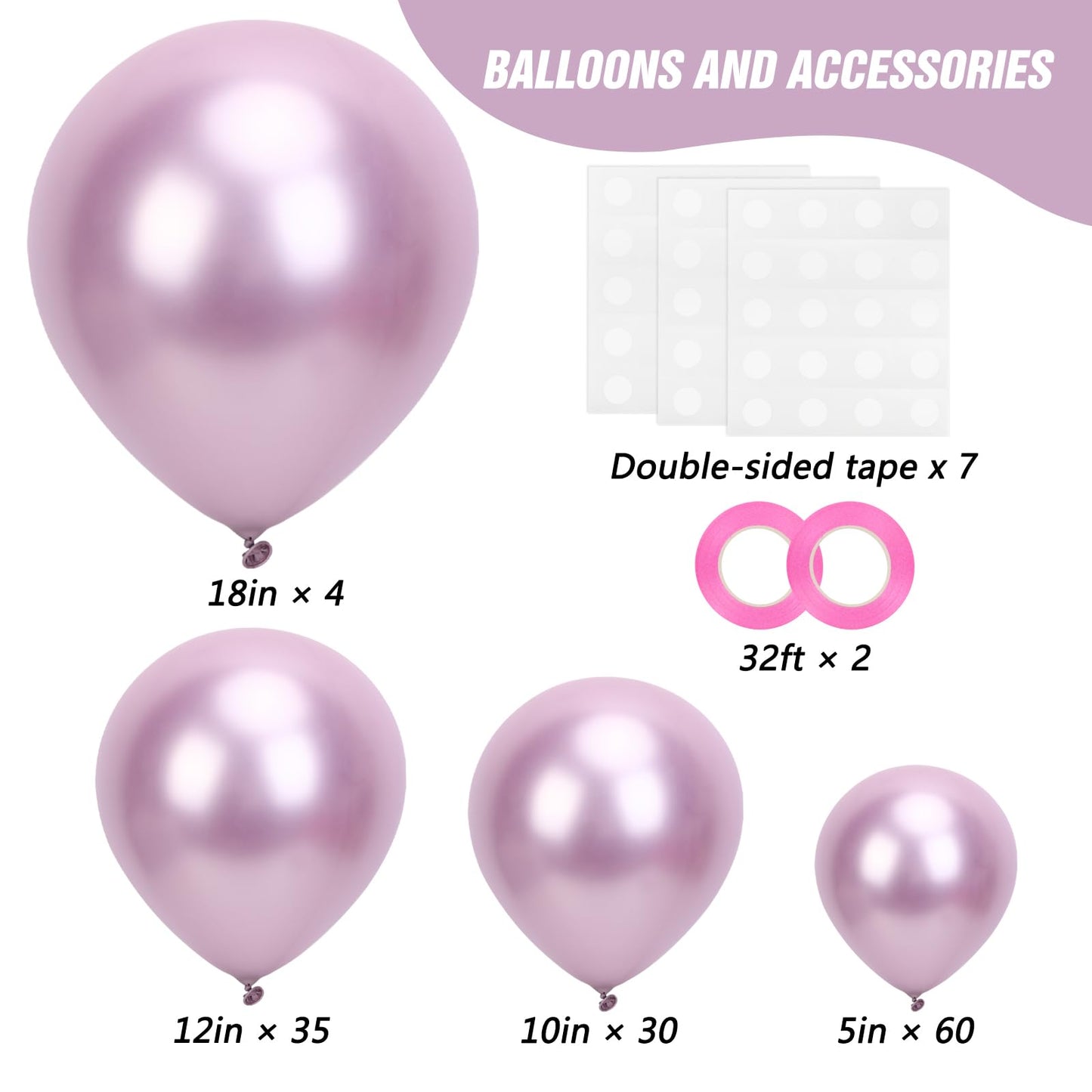 RUBFAC Metallic Pink Balloons 129pcs Different Sizes Pack of 18 12 10 5 Inch, Latex Chrome Metal Pink Balloon Garland Arch Kit for Wedding Princess Birthday Party Baby Shower Engagement Bachelorette
