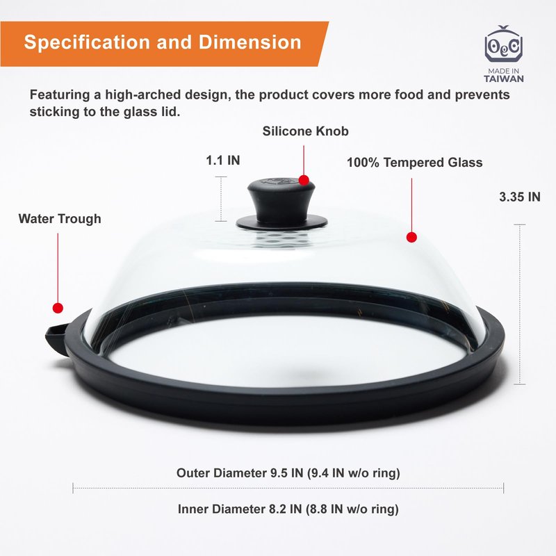 OEC Lightweight Tempered Glass Lid with Water Inlet – Food Splatter Cover, Food-Grade & BPA-Free, Fits Most Plates and Bowls (9.5")