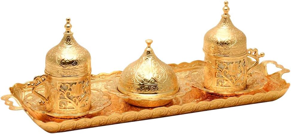 Alisveristime Authentic Turkish Coffee Cup Set: Zamak & Porcelain, Tulip Motifs (Set of 2) (Lale) (Gold)