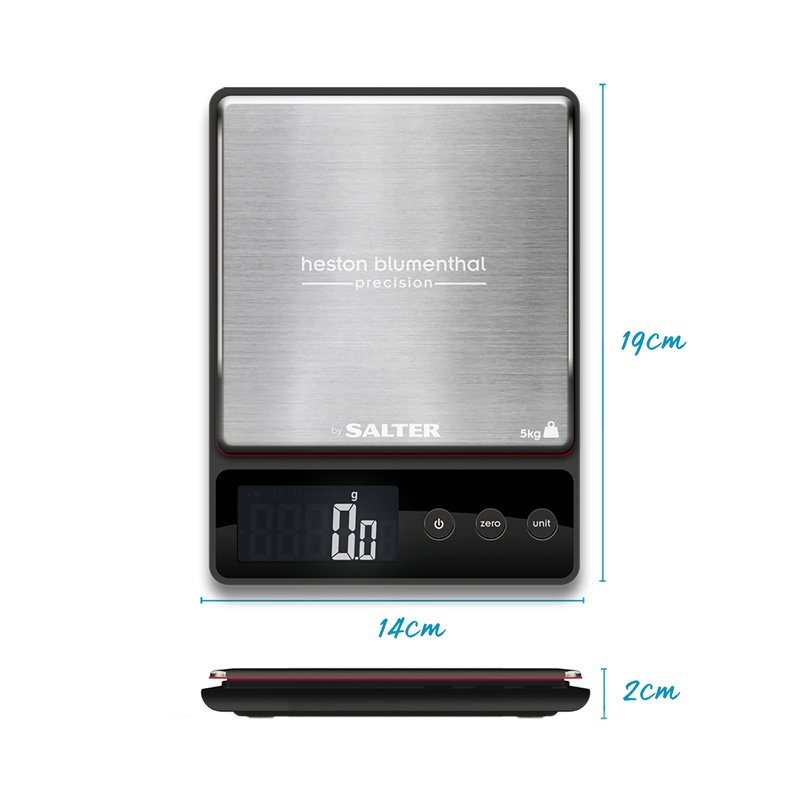 Salter Heston Blumenthal Precision 1140A HBBKDR Digital Kitchen Scales - Premium Compact Baking/Cooking Scale, for Weighing Food/Coffee and Liquid, 0.5 g Increments, Slim, Stainless Steel/Black