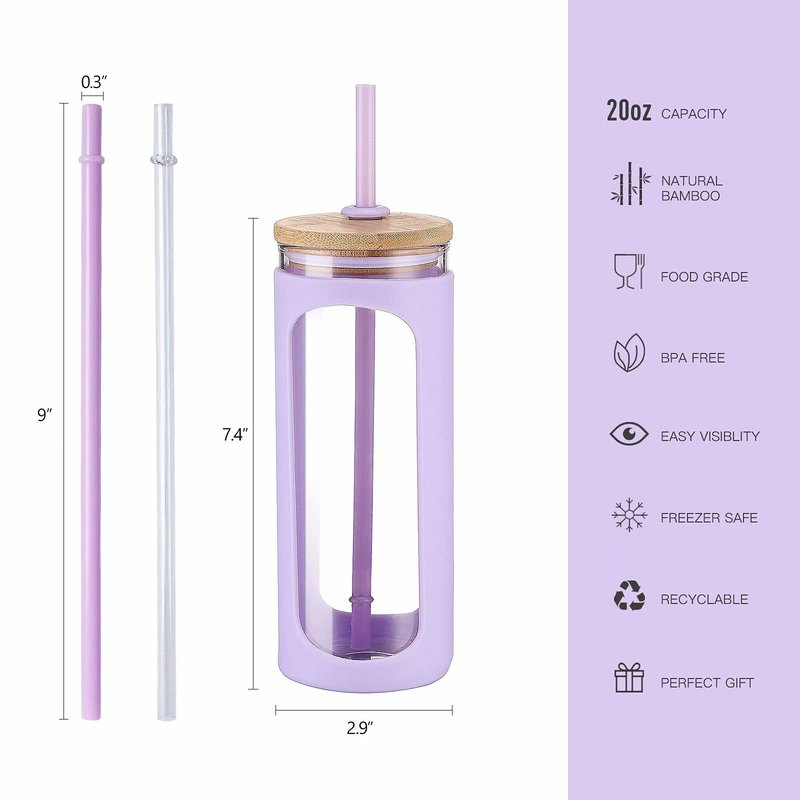 Kodrine 20oz Glass Water Tumbler with Straw and Lid, Bamboo Lids Water Bottle, Iced Coffee Cup Reusable, Wide Mouth Smoothie Cups with Protective Silicone Sleeve BPA FREE-Purple