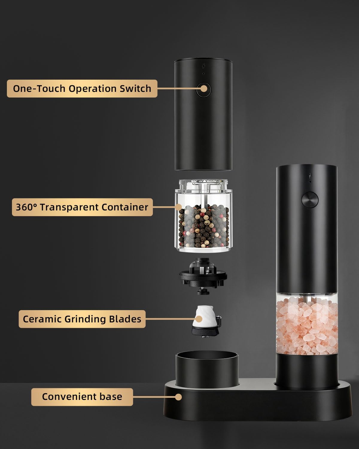 Skiennix Electric Salt and Pepper Grinder Set - Rechargeable, One-Hand Operation, Adjustable Coarseness | Perfect Kitchen Gadgets for New Home Gifts