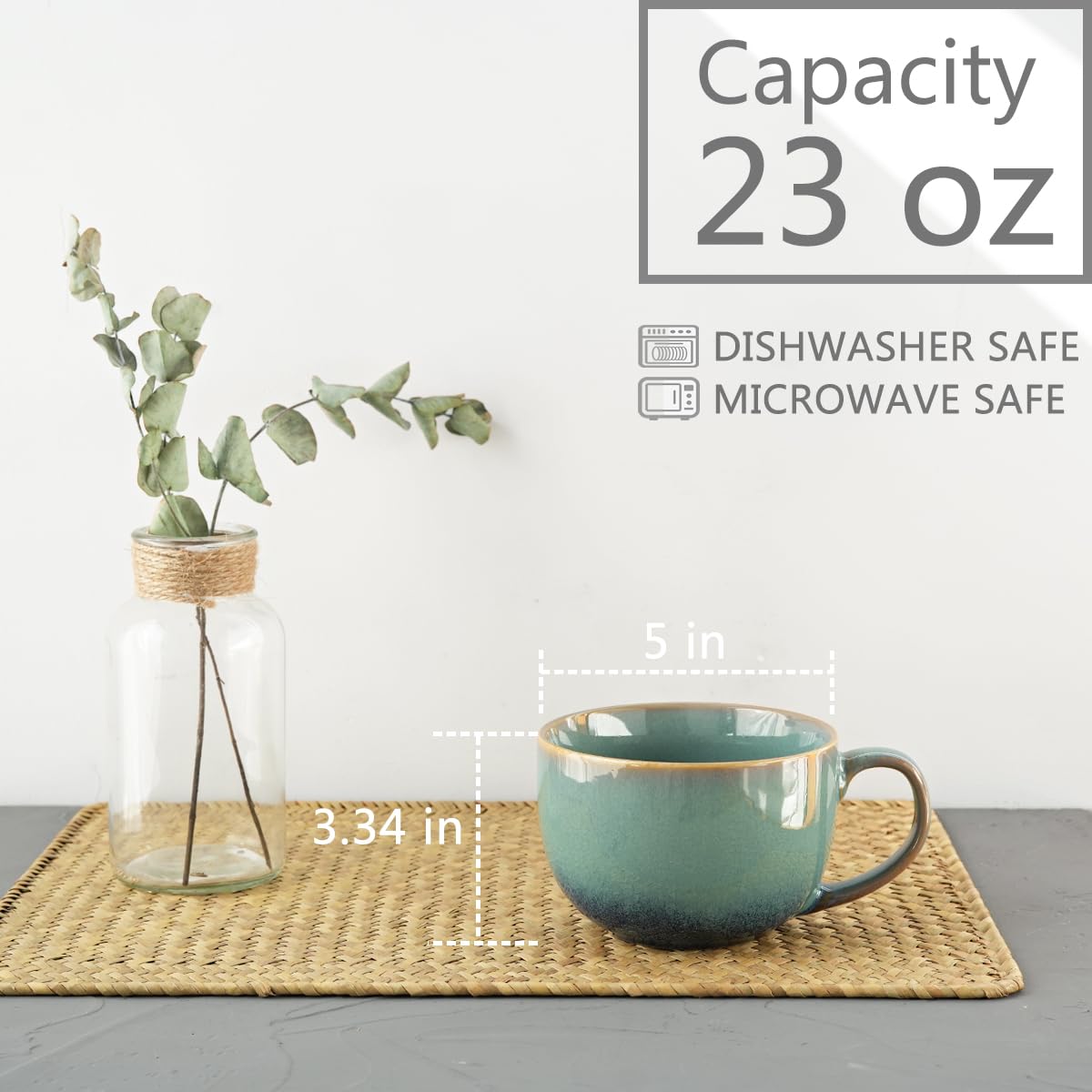 Bosmarlin Ceramic Jumbo Coffee Mug Set of 4, 23 Oz, Large Mug Soup Bowls with Handles, Dishwasher and Microwave Safe (Pale Green)