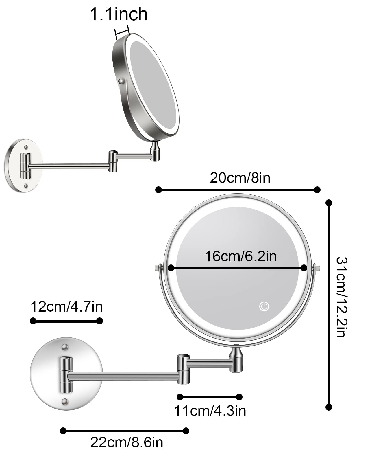 Rechargeable Lighted Wall Mounted Makeup Mirror, 8" Double-Sided 1X/10X Magnifying Bathroom Mirror with 3 Color Lighting, Touch Screen Dimmable 360°Swivel 13 Inch Extendable Chrome Vanity Mirror