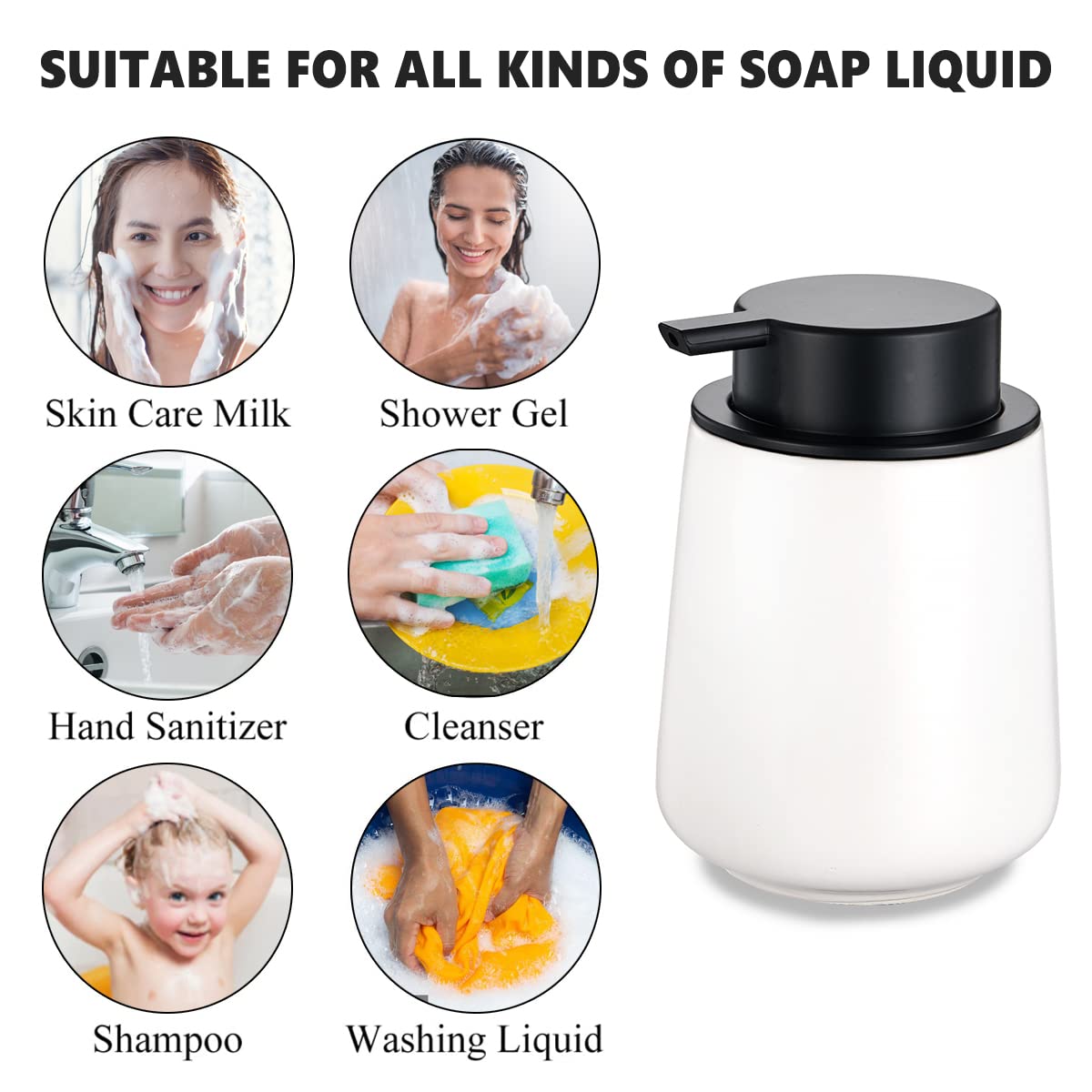 12Oz White Foam Soap Dispenser - Ceramic Foaming Hand Soap Dispenser Set with Easy-to-Press Pump, Refillable Liquid Dish Soap Dispenser for Bathroom and Kitchen, 2 Pack