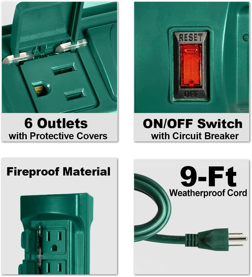 Outdoor Power Strip with Covers - 6-Outlet Yard Stake, 9ft Cord & Overload Protection