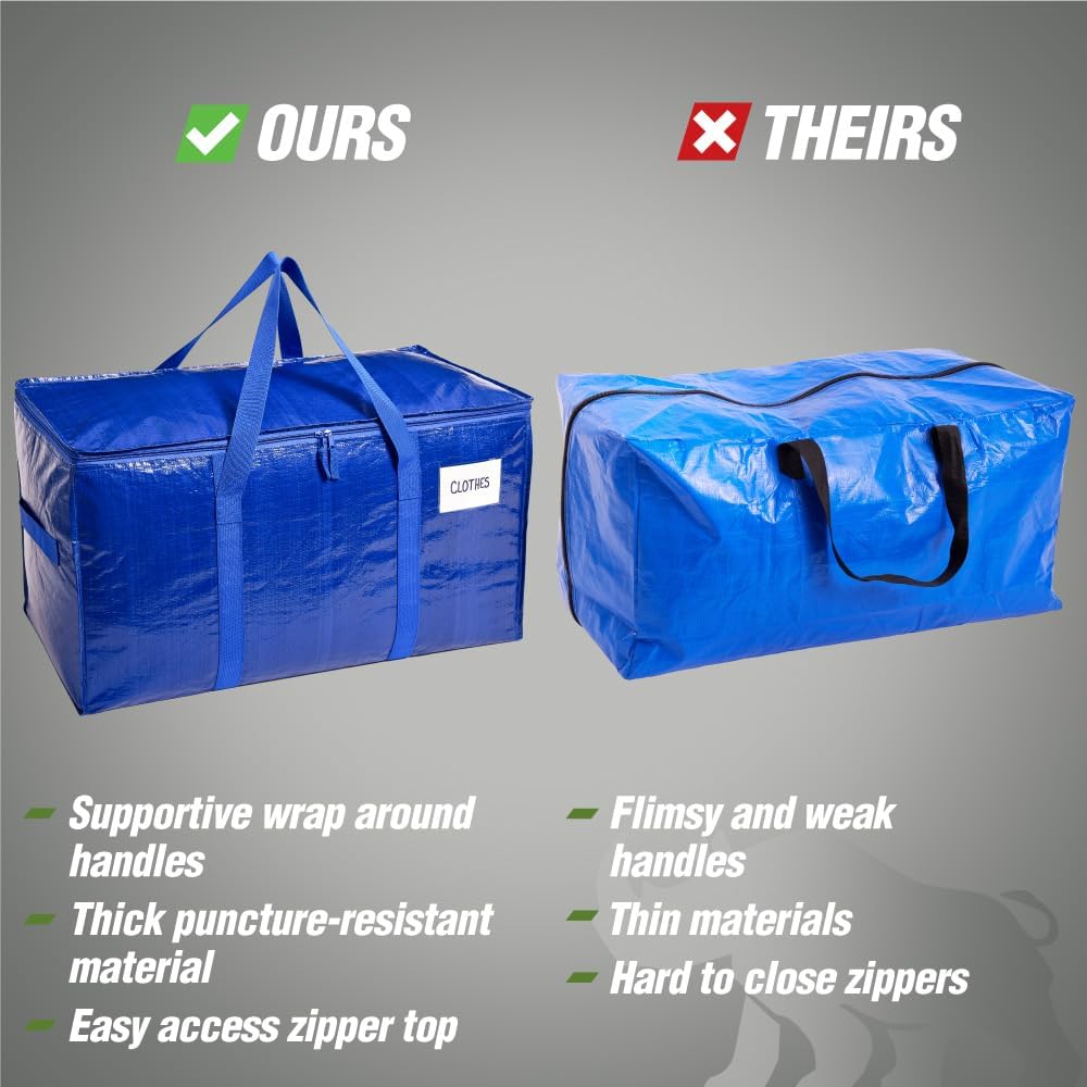 Rugged Rhino Heavy Duty Extra Large Moving Bags - Durable, Space-Saving Storage with Strong Handles | Blue/Clear 4-Pack