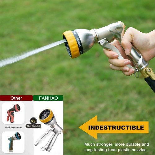 FANHAO Heavy Duty Metal Garden Hose Nozzle - 7 Spray Patterns for Efficient Watering & Washing