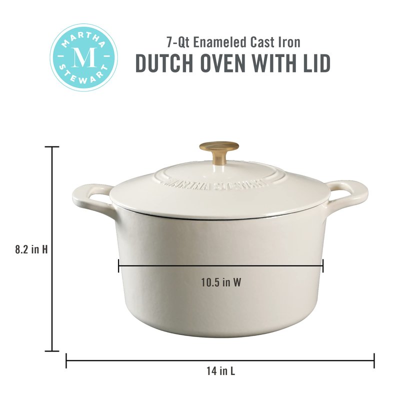MARTHA STEWART Gatwick 7-Quart Enamel Cast Iron Dutch Oven – Linen White With Gold – Heavy-Duty Dutch Oven for Slow Cooking, Braising & Baking
