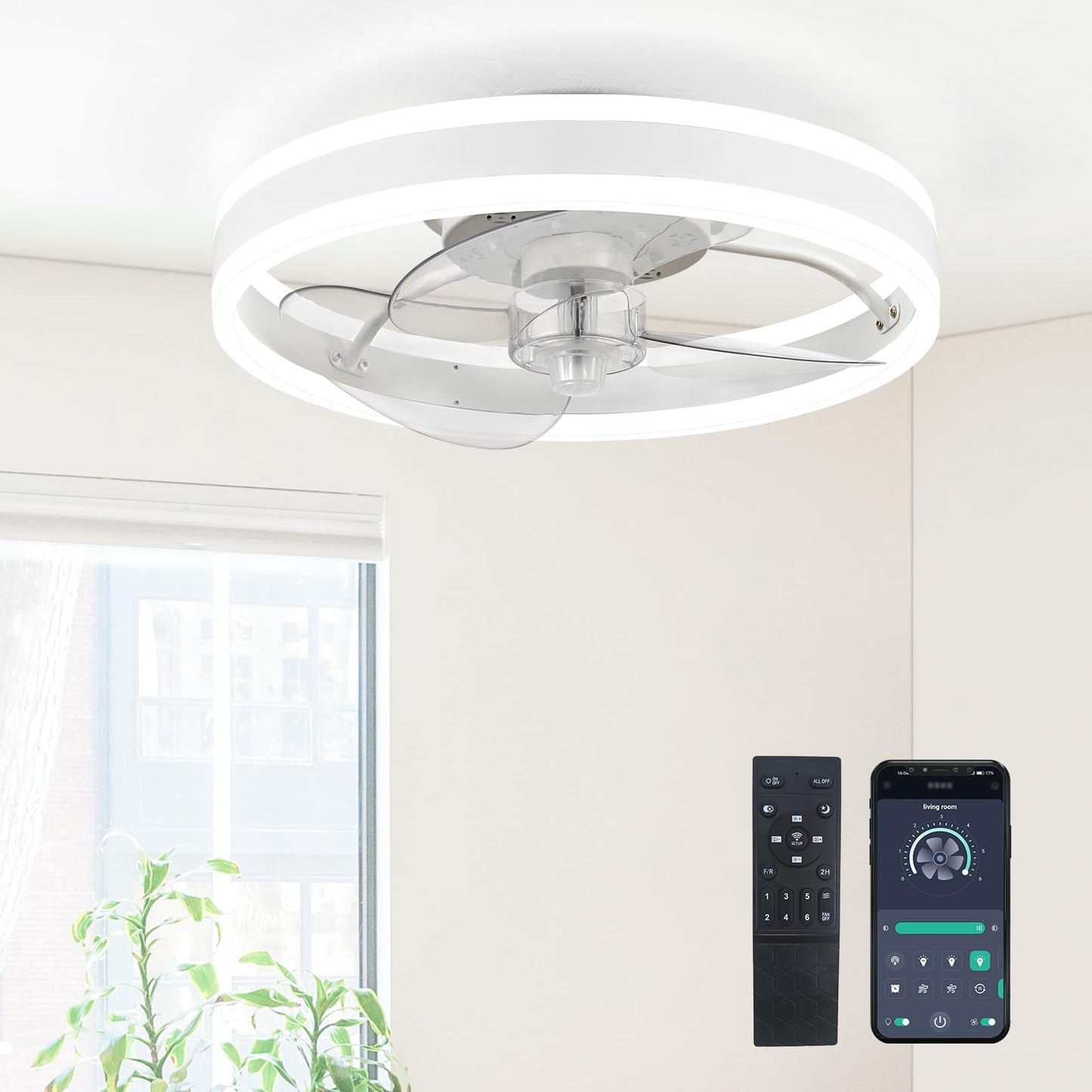 SAMPHON Low Profile Ceiling Fans with Lights and Remote, 15.7'' Led Flush Mount Ceiling Fan, Stepless Dimmable Bladeless Small Ceiling Fans with Lights for Bedroom, Living Room and Kitchen - White