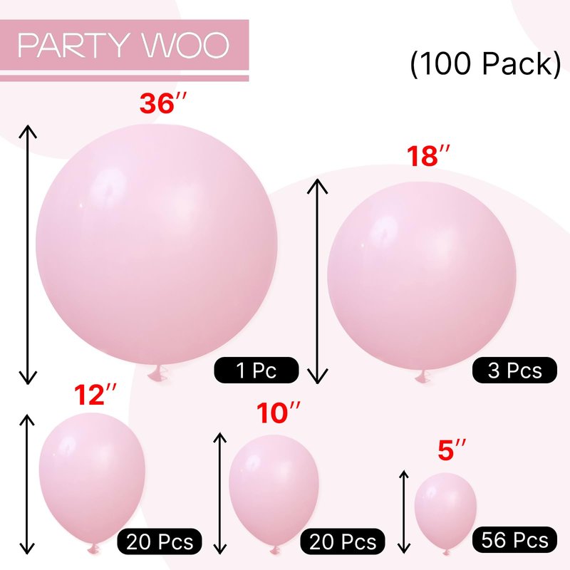 PartyWoo Light Pink Balloons 100 pcs Different Sizes of 36 18 12 10 5 Inch Pastel Baby Pale Pink Balloon Arch Kit Garland for Baby Shower Valentine's Day Princess Birthday Party Decorations Pink-Y48