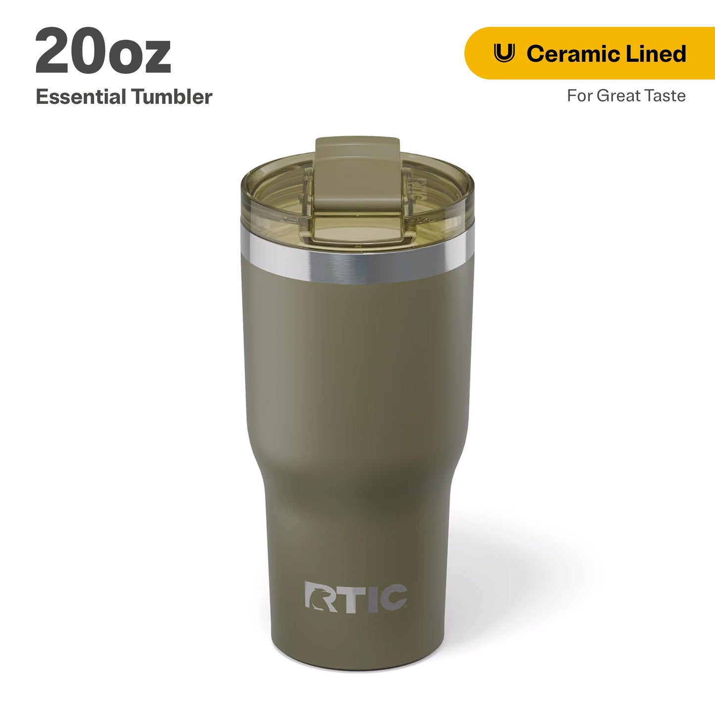 RTIC 20oz Essential Tumbler with Lid, Ceramic Lined, Insulated, Stainless Steel, Metal, Double Wall Vacuum-Insulation, Travel Cup for Iced Coffee, Tea, Hot and Cold Drink, Olive