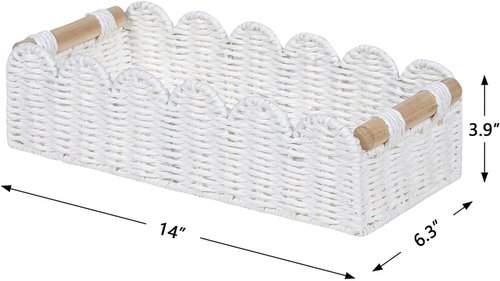 CubesLand Scalloped Edge Toilet Paper Storage Basket - Cozy Home Decor with 2 Wooden Handles | White