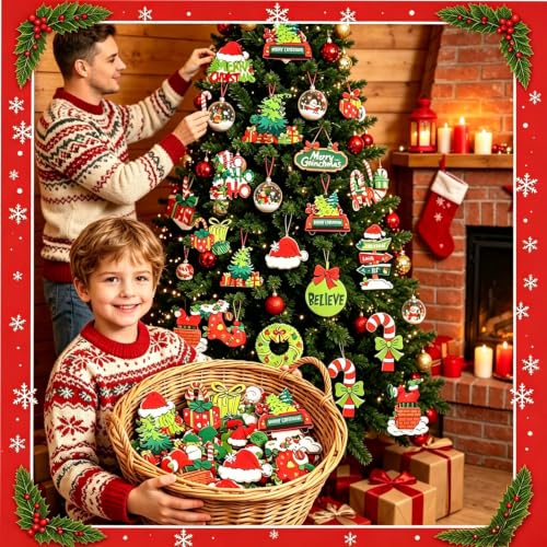 36Pcs Wooden Christmas Ornaments Set - 12 Retro Cartoon Styles Red & Green Indoor Holiday Decor