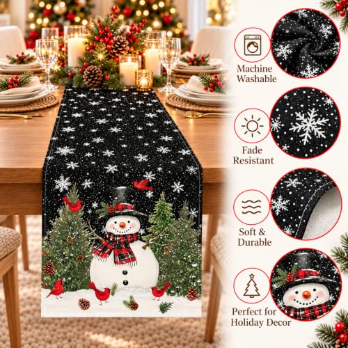 Black Snowman Xmas Tree Christmas Table Runner 13x72in Birds Snowflakes