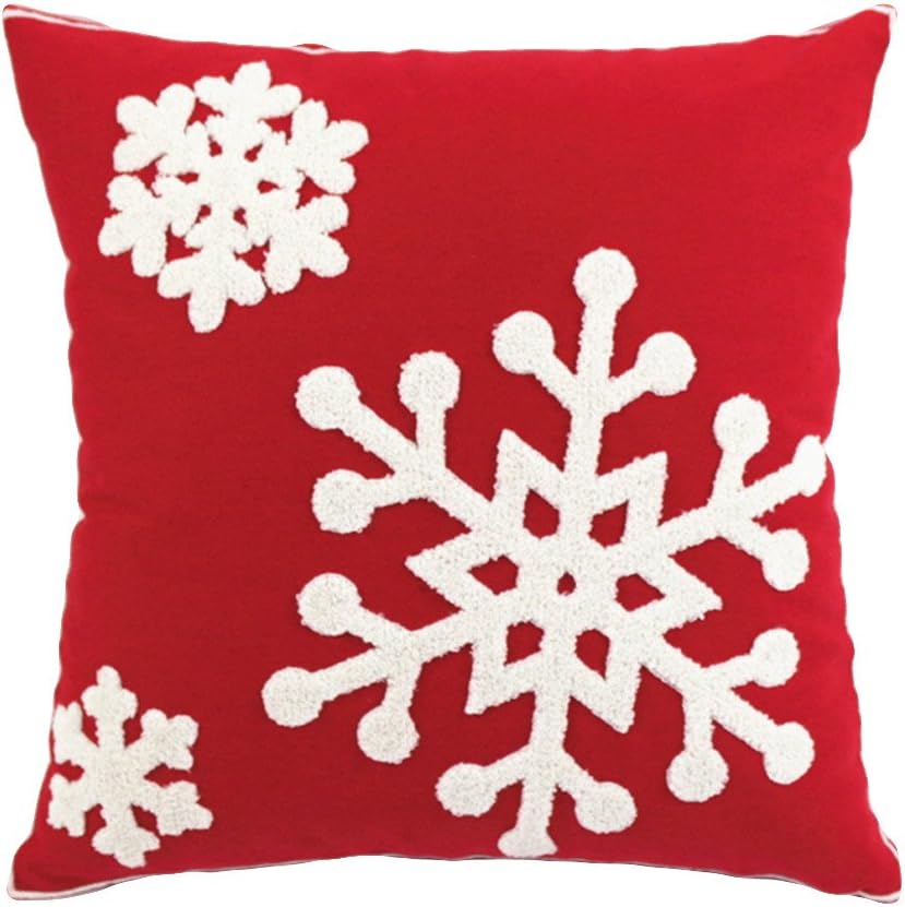 Christmas Pillow Cover 18x18 - Embroidered Sleigh & Snowflakes - Winter Decorative Cushion for Sofa & Bed