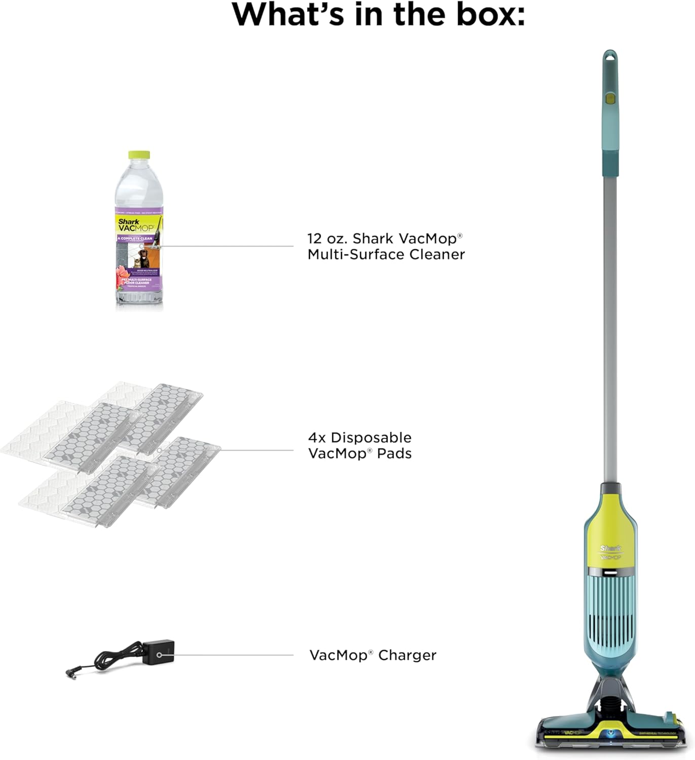 Shark VACMOP Cordless Hard Floor Cleaner - Powerful Suction & Illumination Light | Includes 4 Pads & 12oz Pet Solution