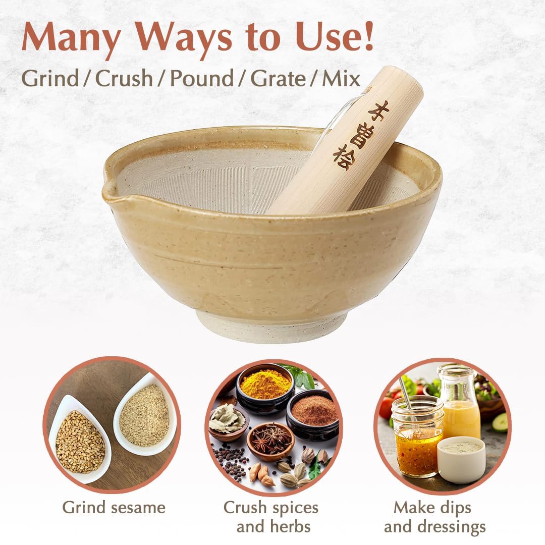 TIKUSAN Ceramic Ripple Ridge Mortar & Pestle (Suribachi & Surikogi) Set with Spout Made in Japan Mino Ware (Medium Black)