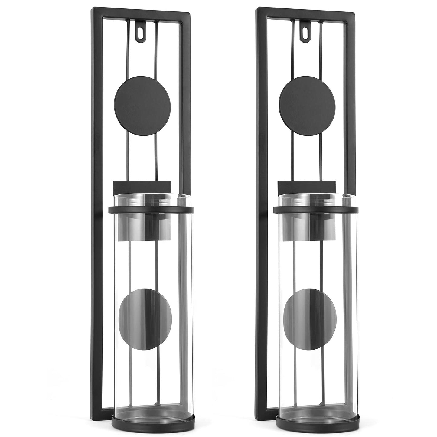 Candle Sconces Wall Decor Set of 2 Black Candle Holders Glass & Metal Candle Wall Sconces Hanging Candle Holders, Fireplace Mantel Decorations for Living Room Dining Room Kitchen Bathroom Bedroom Wall