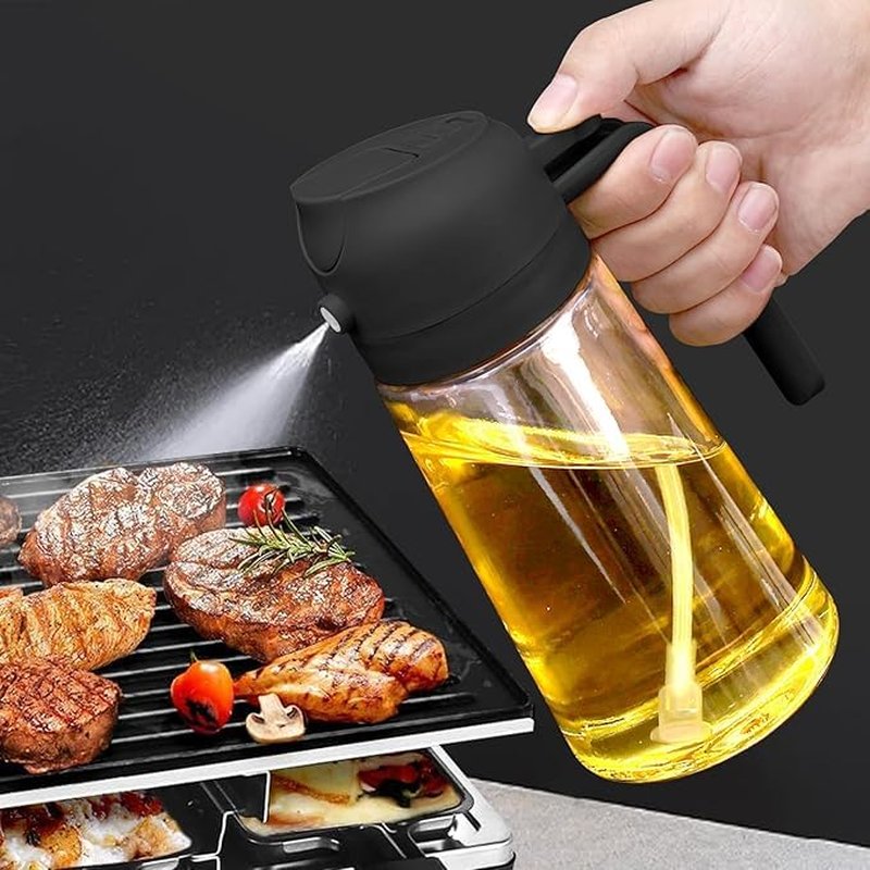 WANISHQ 16oz/470ml Glass Olive Oil Sprayer for Cooking - 2 in 1 Olive Oil Dispenser for Kitchen Gadgets, Air Fryer, Salad, and BBQ - Black