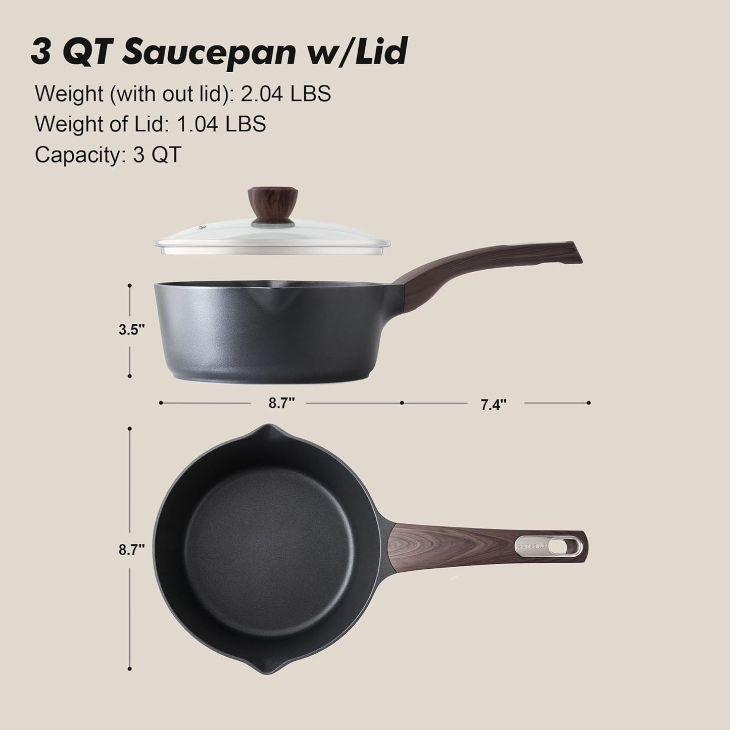 SENSARTE Nonstick Saucepan - 3.0 Quart Cooking Pot with Lid & Double Spout | PFOA Free, Induction Compatible