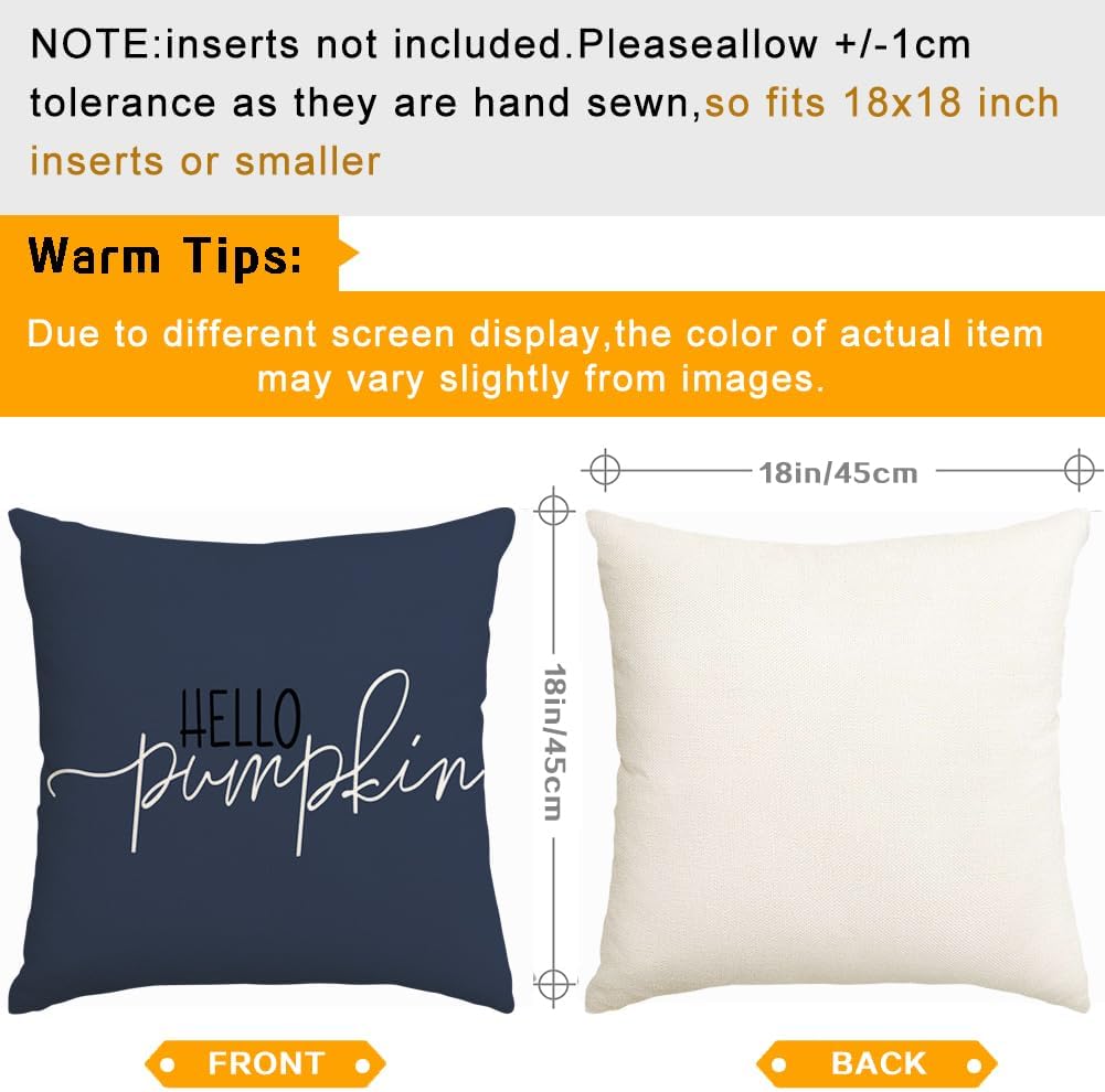 RABUSOFA Fall Pillow Covers - 18x18 Inch Dark Blue Harvest Design | Autumn Hello Pumpkin Decor