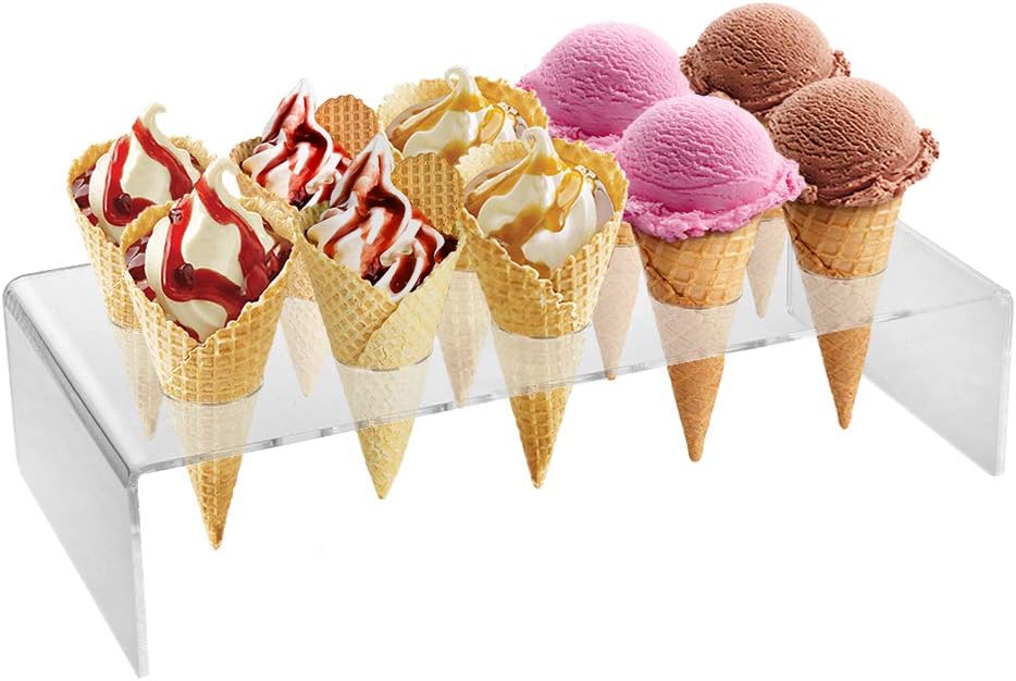 10-Hole Clear Acrylic Ice Cream Cone Holder Stand for Snow Cones, Sushi, & More - Recipe Ebook Included