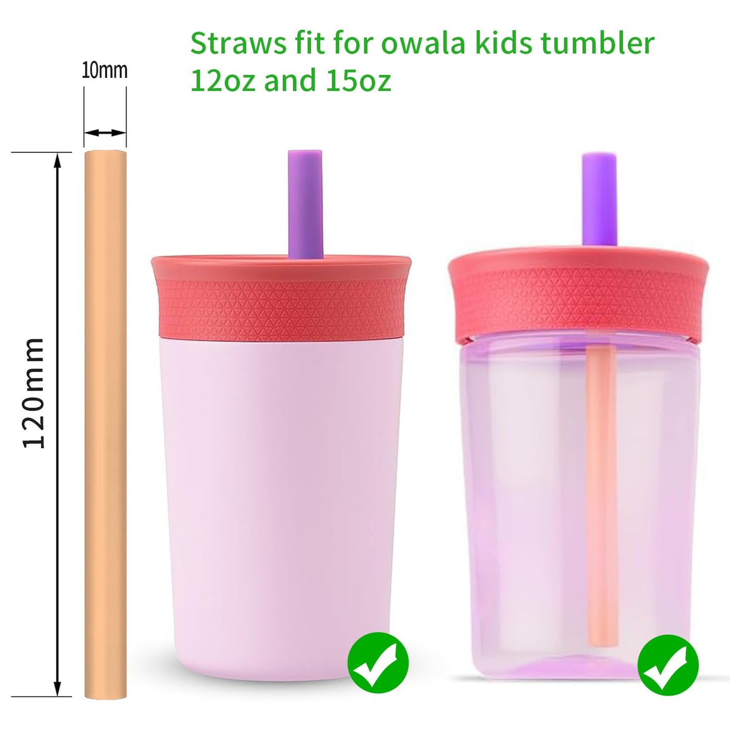 Replacement Straws Compatible with Owala Kids Insulation Stainless Steel Tumbler 12 Oz And 15 Oz Plastic Water Bottle- 6 Straws,2 Rubber Bottoms,1 Cleaning Brush.