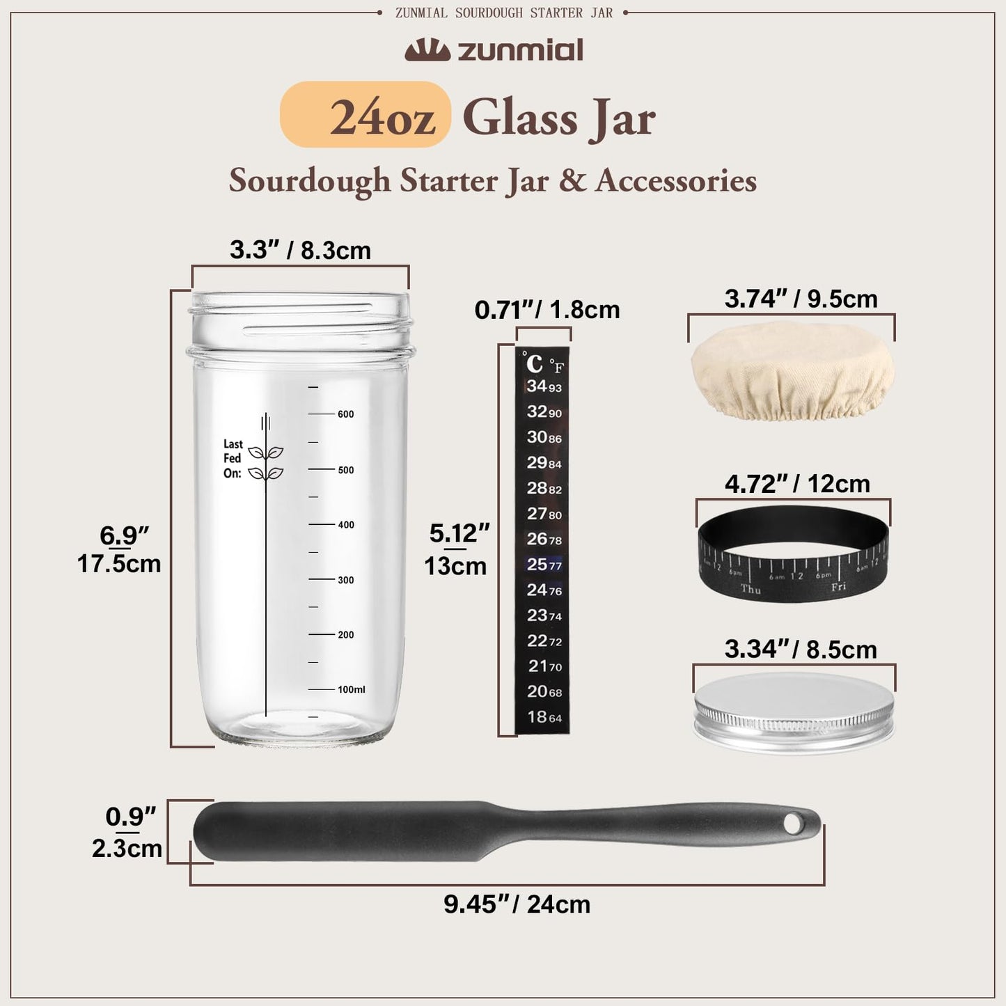 zunmial Sourdough Starter Jar, 24 oz Sourdough Starter Kit with Date Marked Feeding Band, Thermometer, Cloth Cover & Metal Lid, Reusable Sourdough Bread Baking Supplies, Home Baking Supplies