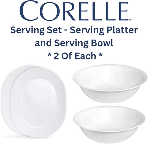 Corelle 12.25-Inch Serving Platter & 2-Quart Serving Bowl Set - Winter Frost White | 4-Piece Collection