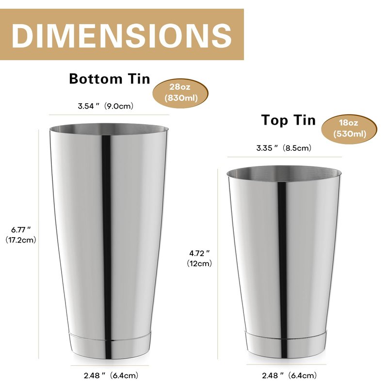 WOTOR Boston Cocktail Shaker Set, 18 oz & 28 oz Stainless Steel Weighted Shaker Tins, Metal Martini Shaker Drink Mixer for Bartending, professional Bar Tools for Bartender (Sliver)
