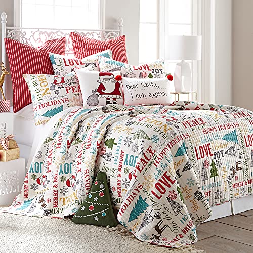 Levtex Home Merry & Bright Collecion - Santa Claus Lane Quilt Set - Full/Queen Holiday Quilt 88x92 + Two Standard Pillow Shams 20x26 - Christmas Script - Red Teal Yellow Green Black White - Reversible