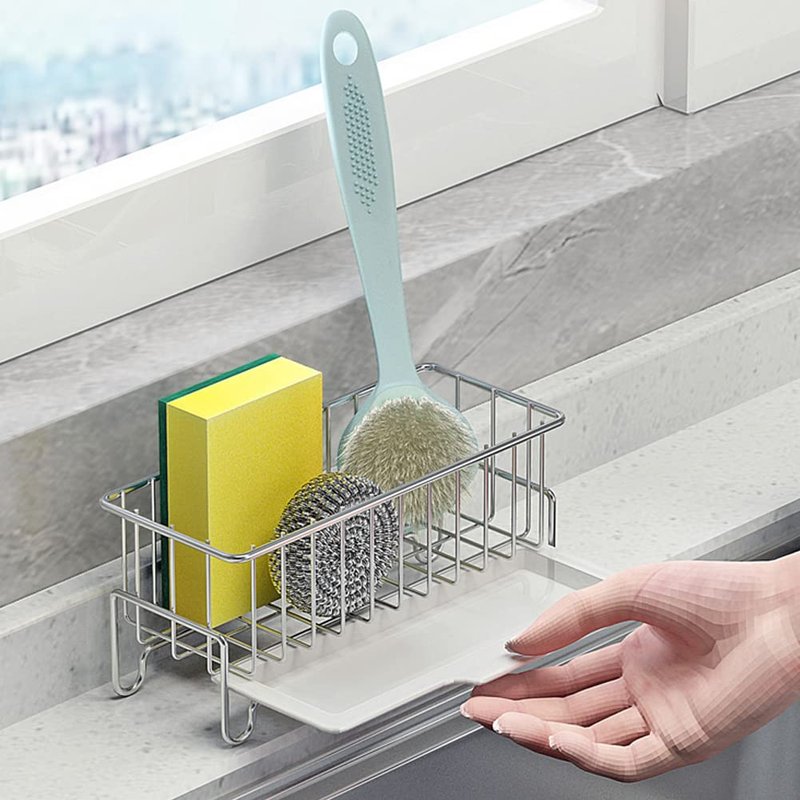 MINGFANITY Kitchen Countertop Sponge Holder, SUS 304 Stainless Steel Dish SoapOrganizer, Basket for Cleaning and Scrub Tool, Kitchen Sink Brush Caddy Holder