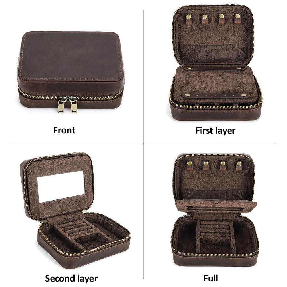 Contacts Genuine Leather Jewelry Box for Men Travel Jewelry Organizer Zipper Jewelry Cufflinks Ring Necklace Bracelet Storage Case with Mirror, Rectangular+mirror, Coffee