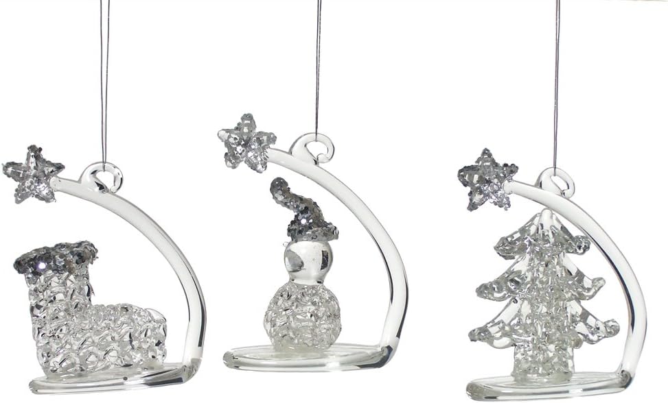 Glitter Christmas Ornaments Set of 3 - Boot, Tree & Snowman Glass Decor - 2.25” H x 1.75” W