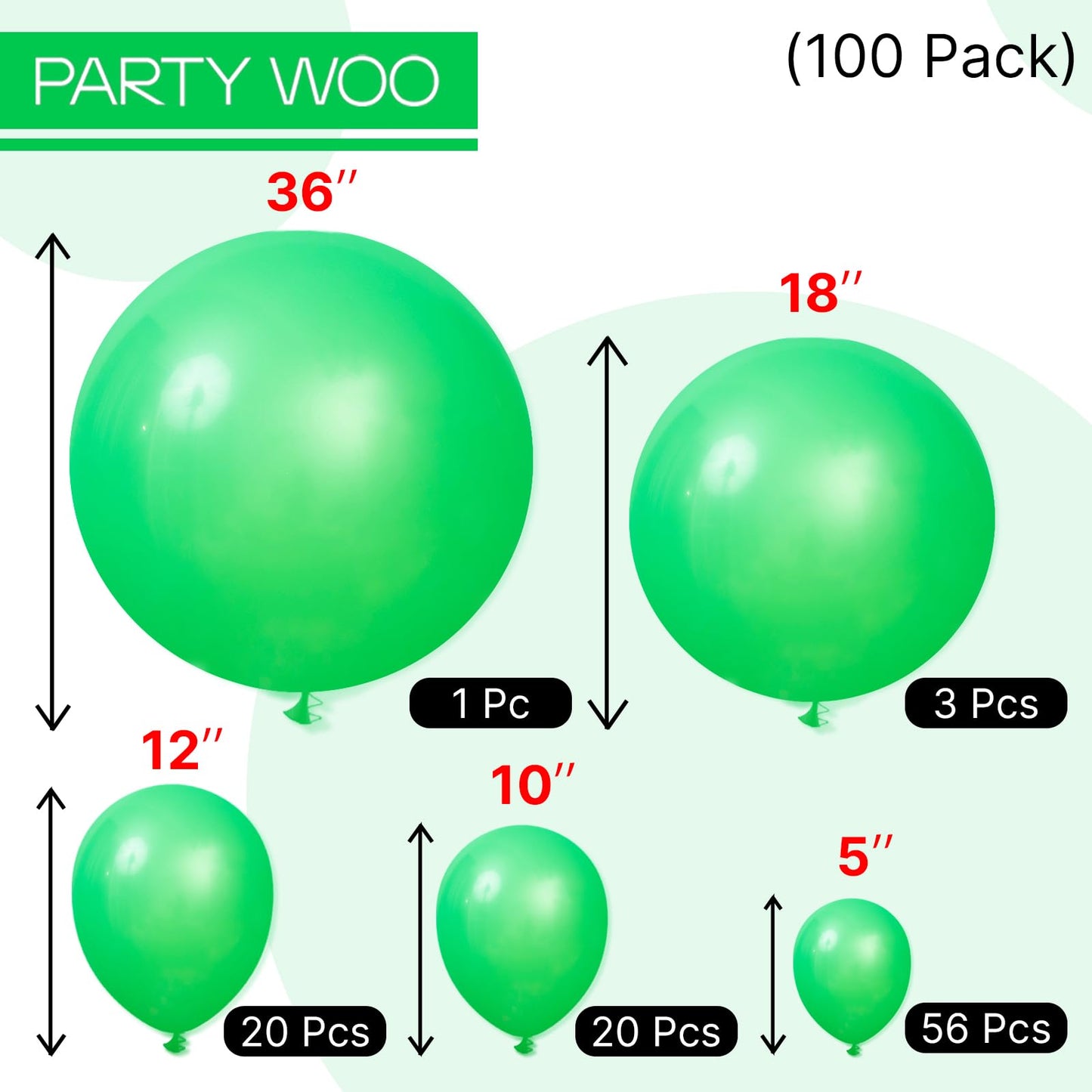 PartyWoo Green Balloons 100 pcs Different Sizes of 36 18 12 10 5 Inch Green Balloon Arch Kit Garland for Birthday Baby Shower Graduation Dinosaur Jungle Golf Football Theme Party Decorations Green-Y24