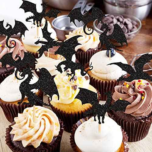 36 Pieces Dragon Cupcake Toppers Black Glitter Cake Picks Cool Dinosaur Cupcake Topper for Dragon Themed Party Birthday Christmas Fantasy Themed Party Decoration, 6 Styles
