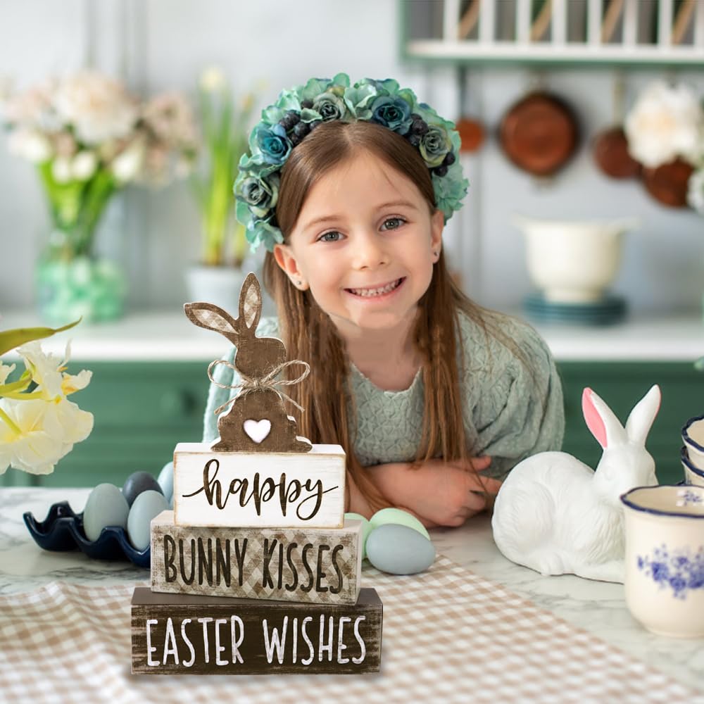 DIYDEC 4Pcs Easter Tabletop Decorations Bunny Wooden Block Signs Gift Rustic Tiered Tray Decor Happy Easter Centerpiece Farmhouse Wood Rabbit Table Sign for Kitchen Home Office Party Decor