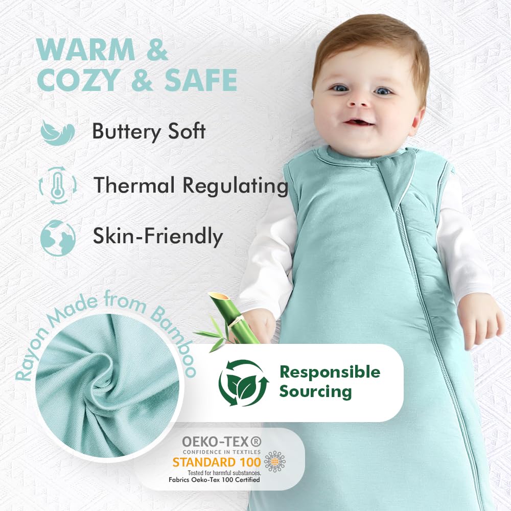 HAPIU Rayon Made from Bamboo Winter Baby Sleep Sack 2.5 TOG, 2-Way Zipper YKK, Warm Quilted Wearable Blanket Baby Infant Toddler, 18-36 Months, Sage