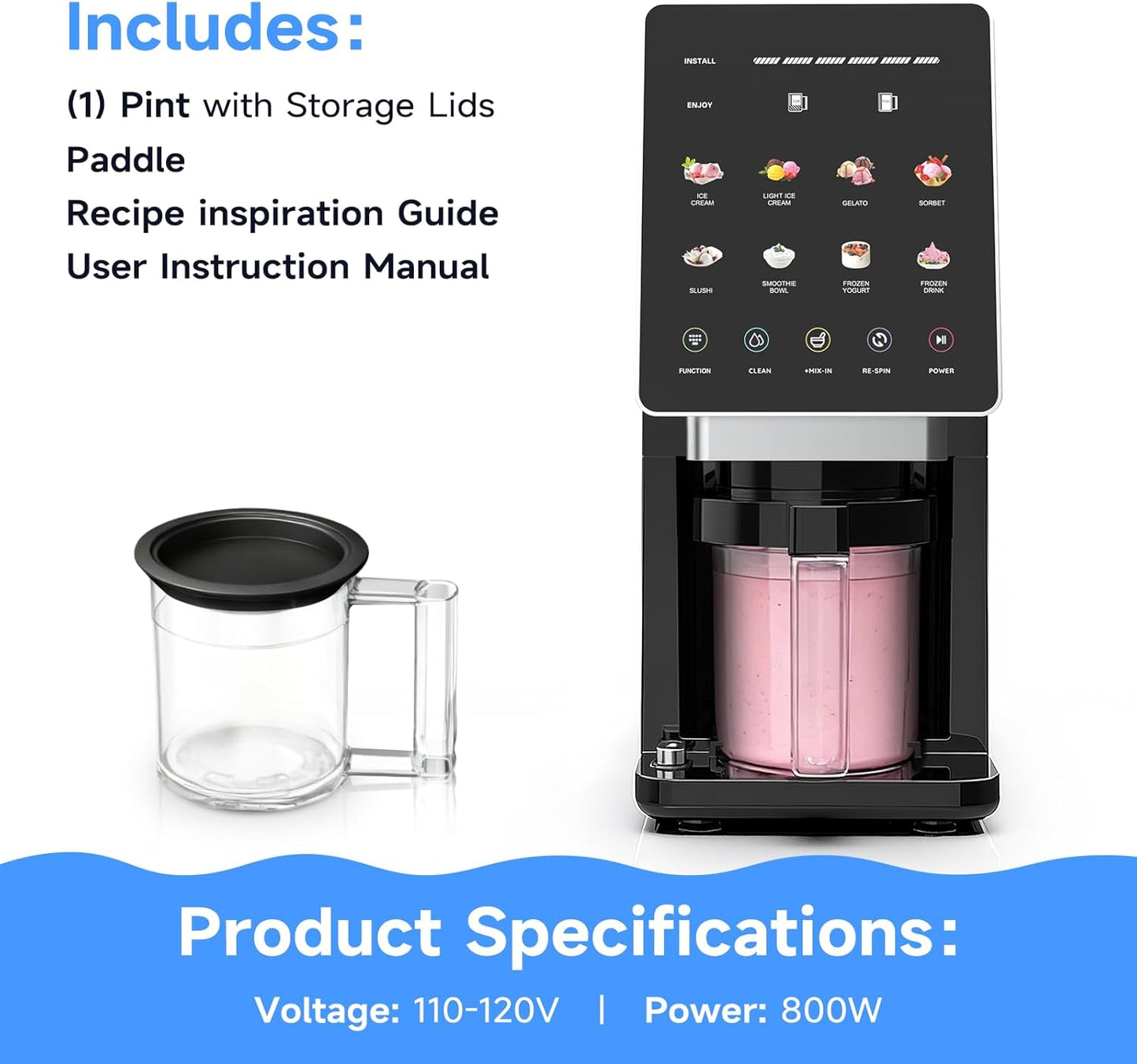 Skiennix Ice Cream Maker - 10-in-1 Frozen Treat Machine for Gelato, Sorbet & Smoothie Bowls | 20 oz Capacity