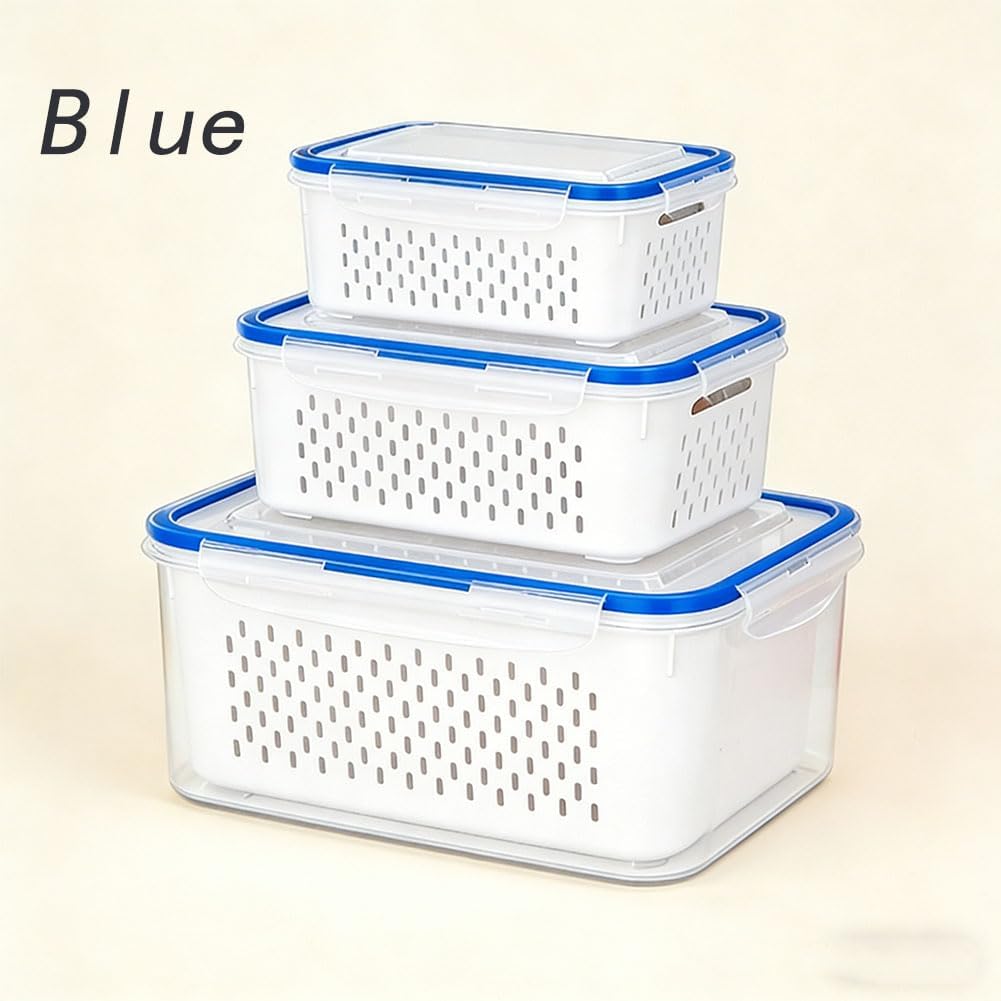 Skiennix Fruit Storage Containers - Transparent Plastic with Removable Colanders | 4-in-1 Vegetable Box (Gray, S+M)