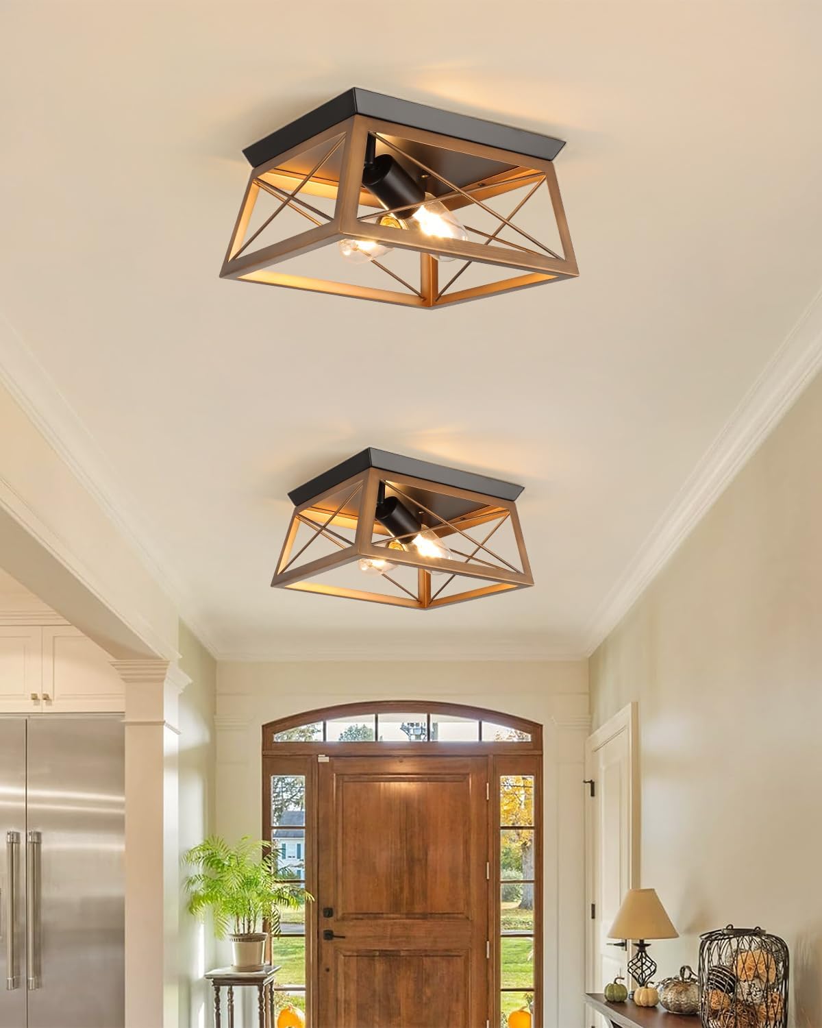 Farmhouse Flush Mount Ceiling Light Oak White Ceiling Light Fixtures 2-Light Industrial Vintage Metal-Framed Ceiling Lighting for Hallway Foyer Kitchen Dining Room Bedroom Living Room Laundry