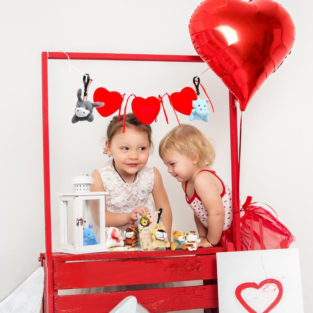 24PCS Valentines Day Cards with Small Stuffed Animals Plush Toys Set, Little Mini Stuffed Animal Keychain Valentine Exchange Cards for Kids Classroom School Exchange Prize, Valentines Day Gifts
