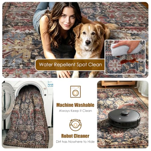 Washable Area Rug - Vintage Tribal Design, Non-Slip Water-Resistant, 6' x 9', Rust - Perfect for Living Room & Bedroom