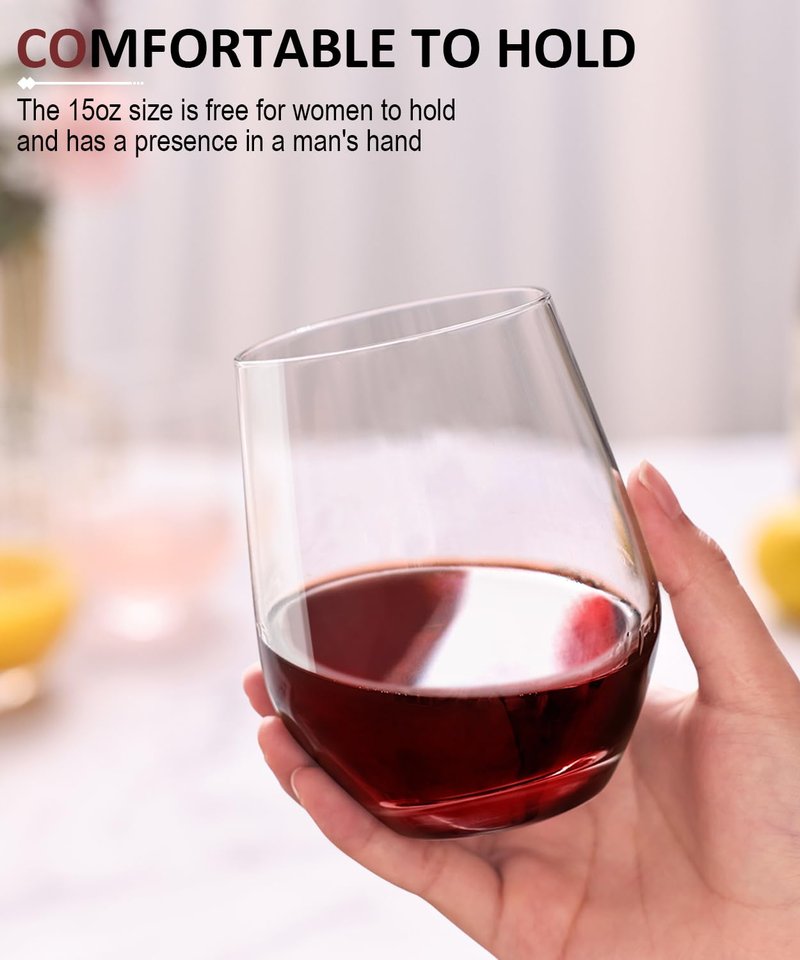 OJA Stemless Wine Glasses Set of 6, 15oz Premium Crystal Red White Wine Glasses, No Stem, Clear,Sturdy Drinking Glass for Daily Use, Birthday, Wedding, Home Party, Anniversary, Shower Gift