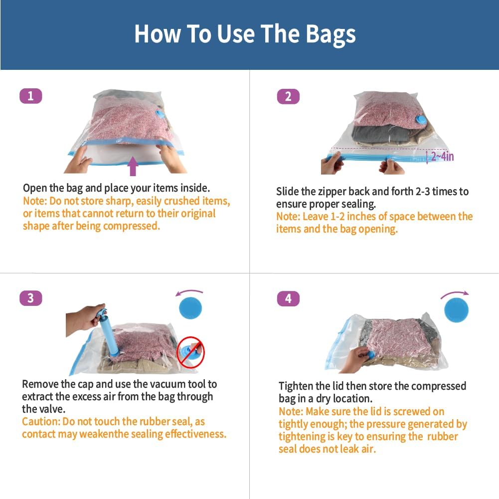 Skiennix Vacuum Storage Bags - 7 Pack Small Space Saver for Clothing & Travel | Includes Hand Pump