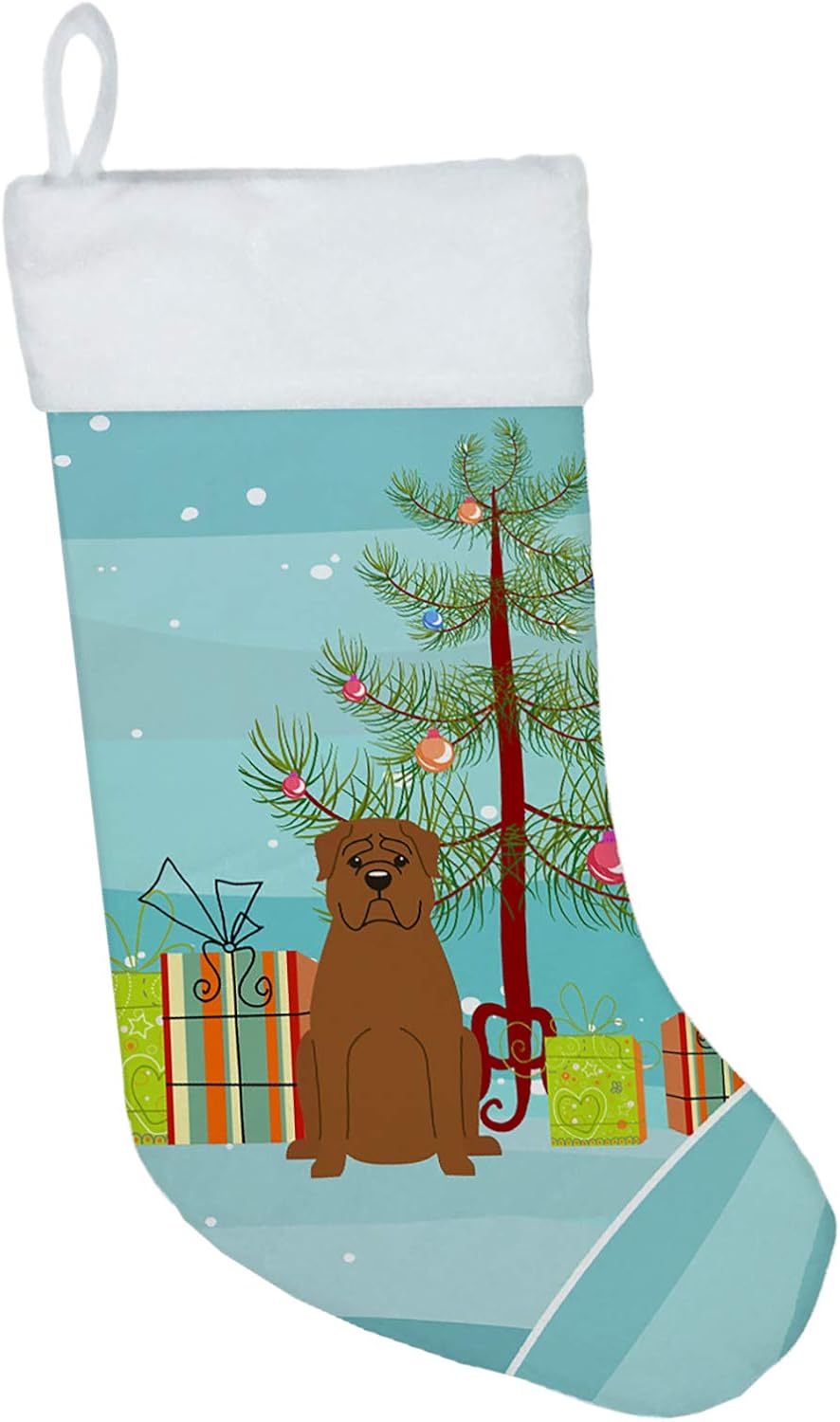 Merry Christmas Tree Dogue de Bordeaux Stocking - Festive Fireplace Decor for Holidays